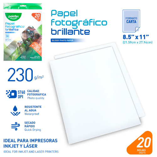 PAPEL FOTOGRAFICO GLOSSY POINTER 8.5X11" 230GR PQ-20HJ PP-1201-230