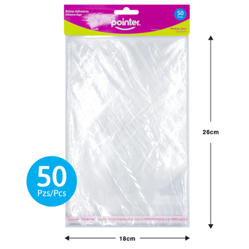BOLSA CELOFAN POINTER TRANSPARENTE 26X18CM PQ-50PCS OB-2618