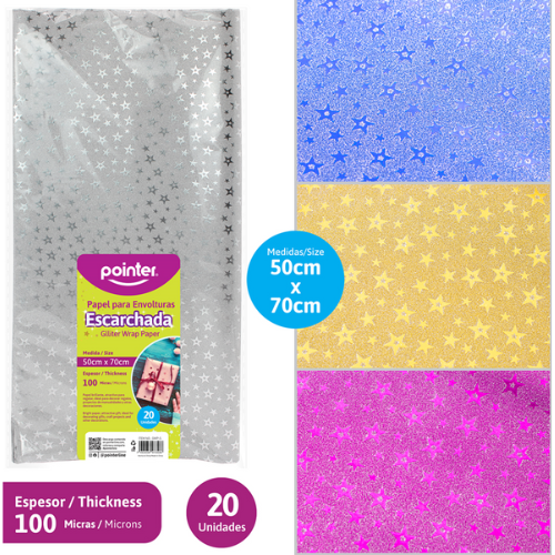 PAPEL REGALO POINTER ESCARCHADO METALICO ESTRELLA 50CMX70CM PL/DR GWP-S