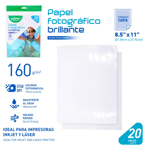 PAPEL FOTOGRAFICO GLOSSY POINTER 8.5X11" 160GR PQ-20HJ PP-1201-160